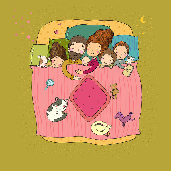 The family sleeps in bed. Cartoon mom, dad and babies.