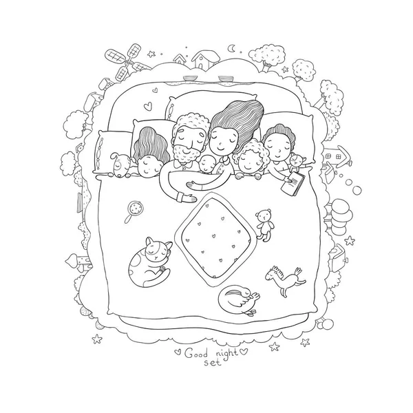 A família dorme na cama. Desenhos animados mãe, pai e bebês . —  Vetores de Stock