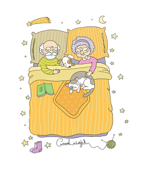 Grandfather and grandmother sleep in bed. Characters of the Old People.