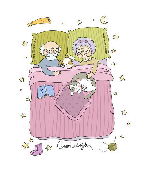 Grandfather and grandmother sleep in bed. Characters of the Old People.