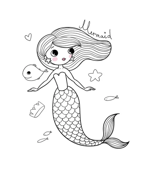 かわいい漫画の小さな人魚。サイレンだ。海のテーマ. — ストックベクタ