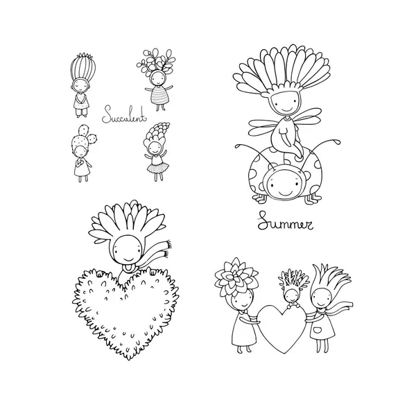Conjunto con suculentas dibujos animados lindo. cactus y aloe en macetas . — Vector de stock