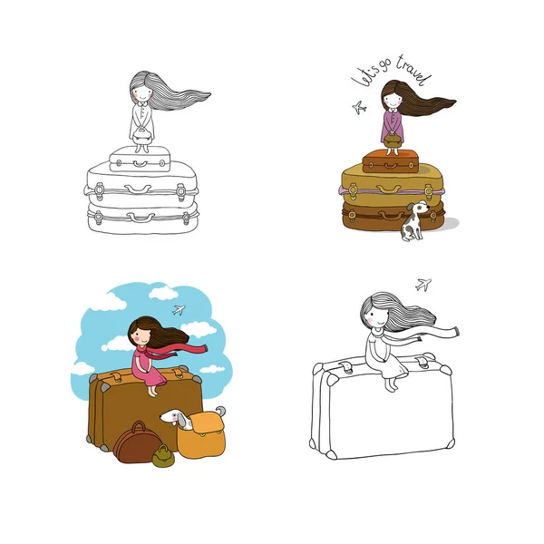 Meisje, koffers en een hond. Thema van de reizen en vakanties — Stockvector
