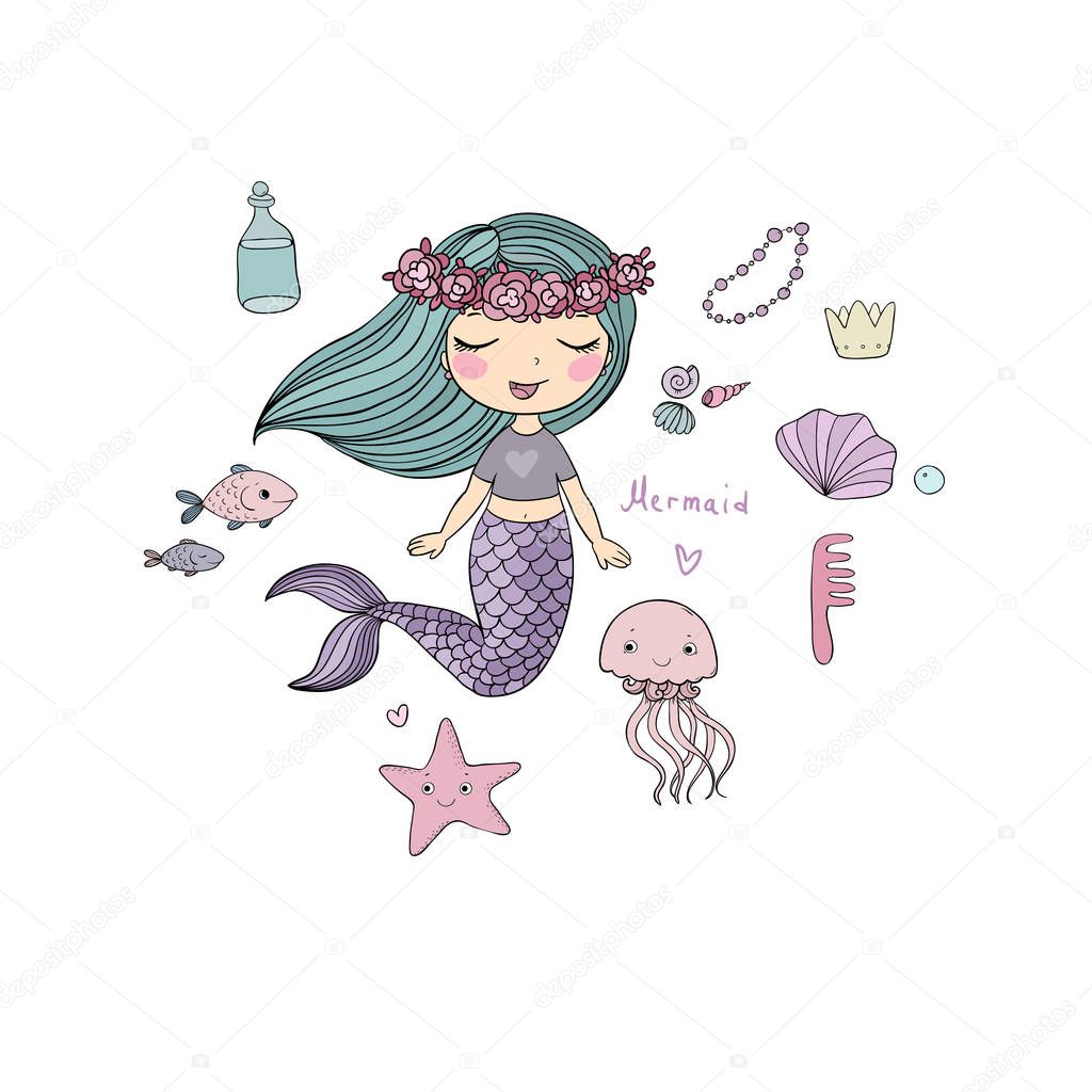 Cute cartoon little mermaid. Siren. Sea theme.