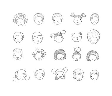 Çocuk yüzleri. Sevimli çizgi çocuklar ve farklı milletlerden kızlar. Avatarlar set komik çocuk. -Vektör