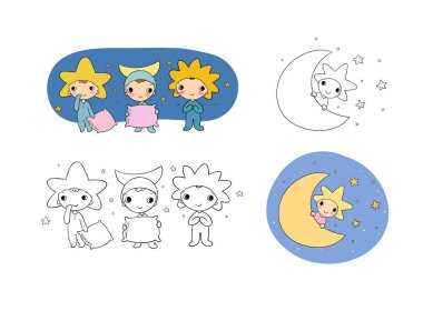 Boys gnome in the costumes of the moon, the sun and the star. Cute cartoon elf. Good night. Time to sleep. Children s play. - Vector vector Boys gnome in the costumes of the moon, the sun and the star. Cute cartoon elf. Good night. Time to sleep. Children s play. - Vector vector