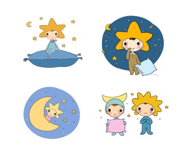 Boys gnome in the costumes of the moon, the sun and the star. Cute cartoon elf. Good night. Time to sleep. Children s play. - Vector vector Boys gnome in the costumes of the moon, the sun and the star. Cute cartoon elf. Good night. Time to sleep. Children s play. - Vector vector