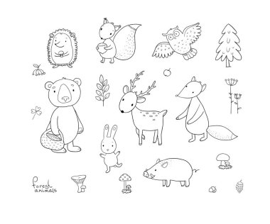 Hayvanlar orman. Sevimli çizgi ayılar, tilki, tavşan ve sincap, baykuş ve geyik ile ayarlayın. Tasarım çocuklar - vektör için