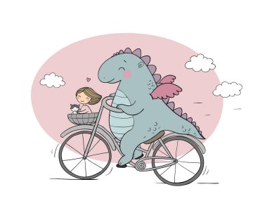 Komik karikatür dinozor bir bisiklet üzerinde.