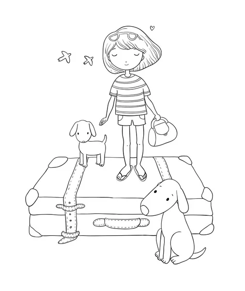 Buon viaggio. Carino cartone animato ragazza, cane e valigie. Buon viaggio. — Vettoriale Stock