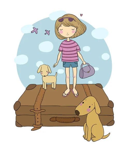 Ευτυχισμένη ταξίδια. Κορίτσι χαριτωμένο καρτούν, σκύλος και βαλίτσες. Καλό ταξίδι — Διανυσματικό Αρχείο