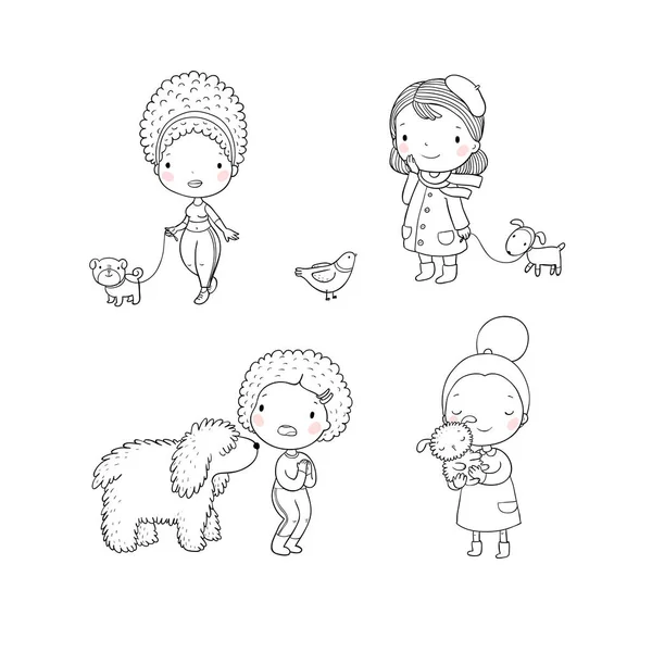 Gente con mascotas. Lindas mujeres de dibujos animados con perros. - Vector — Vector de stock