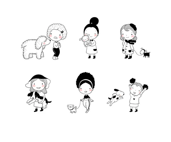 People with pets. Cute cartoon women with dogs. - Vector — Stock Vector