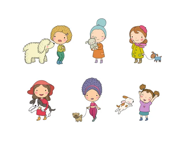 People with pets. Cute cartoon women with dogs. - Vector — Stock Vector