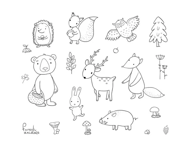 Dieren van het bos. Set met leuke cartoon beren, fox, Haas en eekhoorn, uil en herten. Ontwerp voor kinderen - Vector — Stockvector