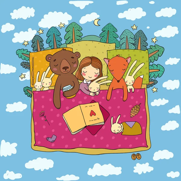 Chica de dibujos animados durmiendo en la cama. Bebé y juguetes. animales del bosque. Cuento de niños. Hora de dormir. Buenas noches - Vector — Archivo Imágenes Vectoriales