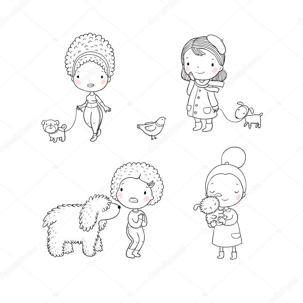 People with pets. Cute cartoon women with dogs. - Vector