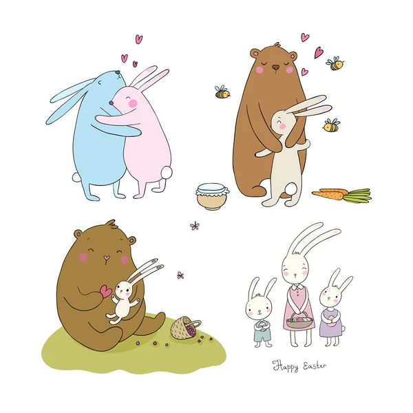 Lindas liebres de dibujos animados y un oso. Conejitos de Pascua. Animales divertidos - Vector — Archivo Imágenes Vectoriales