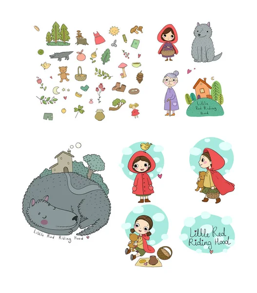 设置与小红帽童话。可爱的小卡通女孩和狼。手绘白色背景上的独立对象。向量例证. — 图库矢量图片