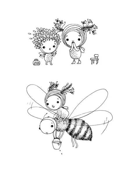 Niedlichen Cartoon-Feen und Bienen. Handzeichnung Skizze. Kindermärchen - Vektor — Stockvektor