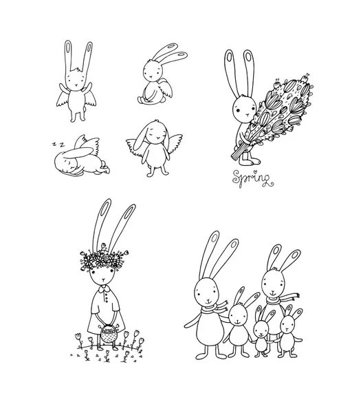 Ensemble avec des lièvres de Pâques. Jolis lapins de dessin animé. Livre à colorier - Vecteur — Image vectorielle