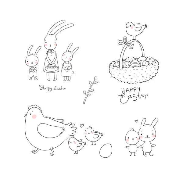 Coelhinhos de Páscoa e galinhas, ovos e tinta. Lebres de desenhos animados bonitos e pássaros. Animais alegres. Conjunto de molas - Vector —  Vetores de Stock