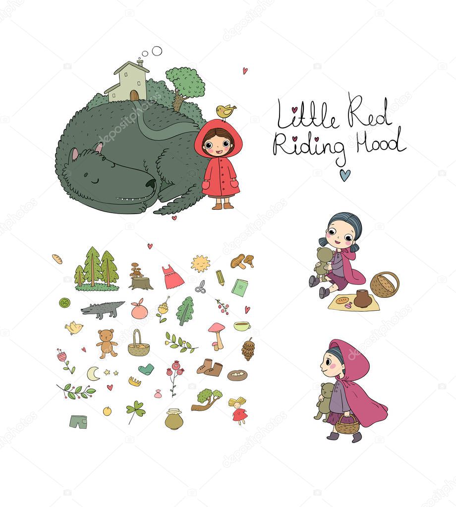 Little Red Riding Hood fairy tale. Little cute cartoon girl and wolf. Hand drawing isolated objects on white background. Vector illustration.