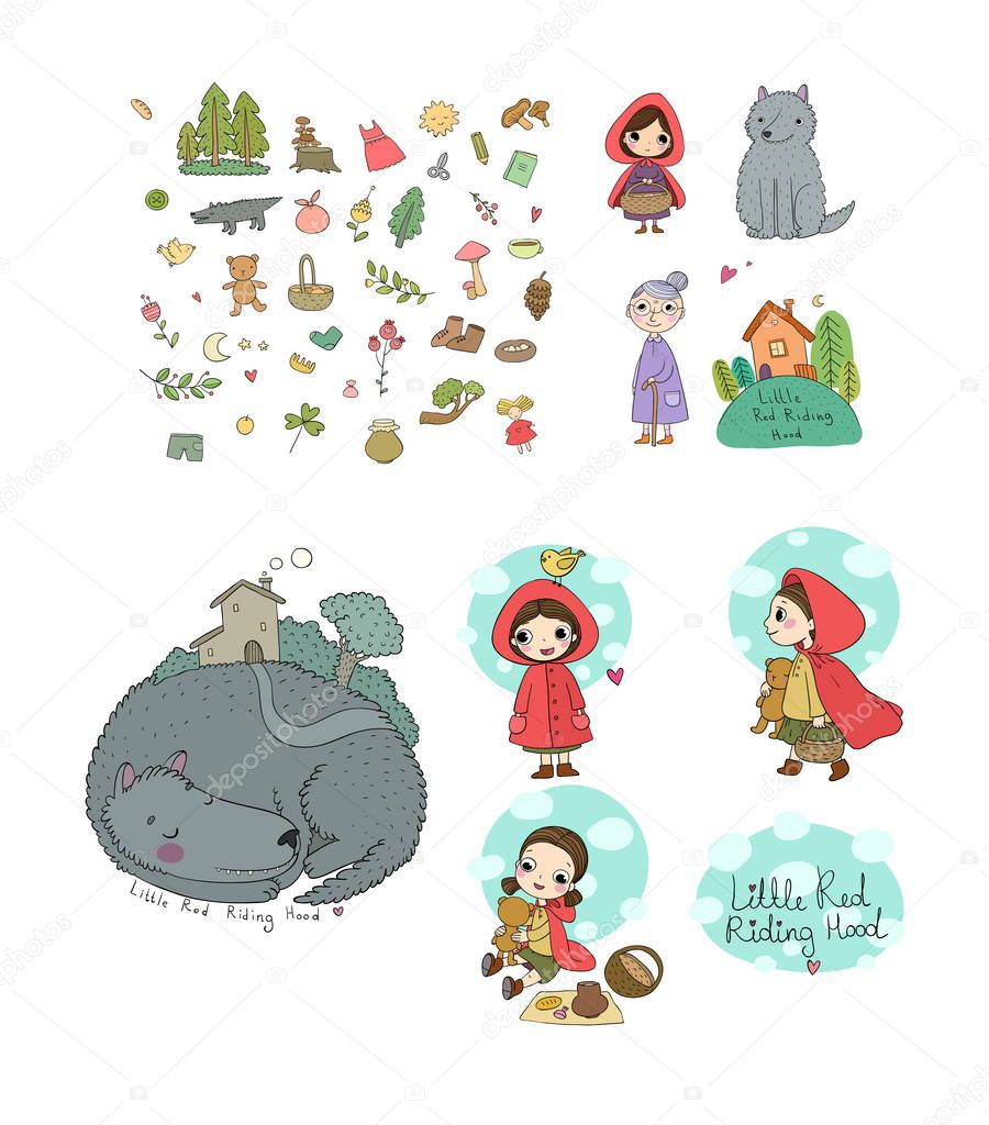 Little Red Riding Hood fairy tale. Little cute cartoon girl and wolf. Hand drawing isolated objects on white background. Vector illustration.