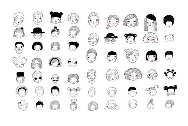 Desen grafik yüzü olan. Vektör çizim. İnsanlar simgeler kümesi