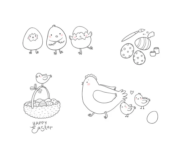 Пасхальные цыплята, яйца и краска. Милые мультяшные птицы. Весёлые животные. Набор пружин - Вектор — стоковый вектор