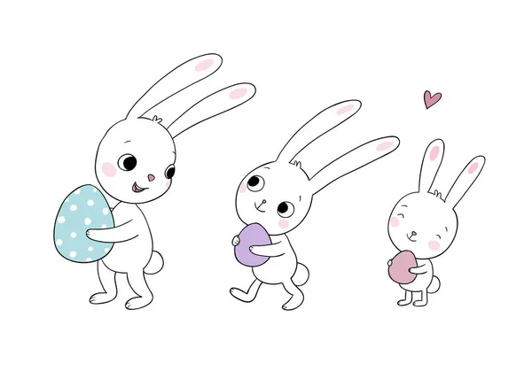 Easter bunnies. Cute cartoon hares with eggs. - Vector — Stock Vector
