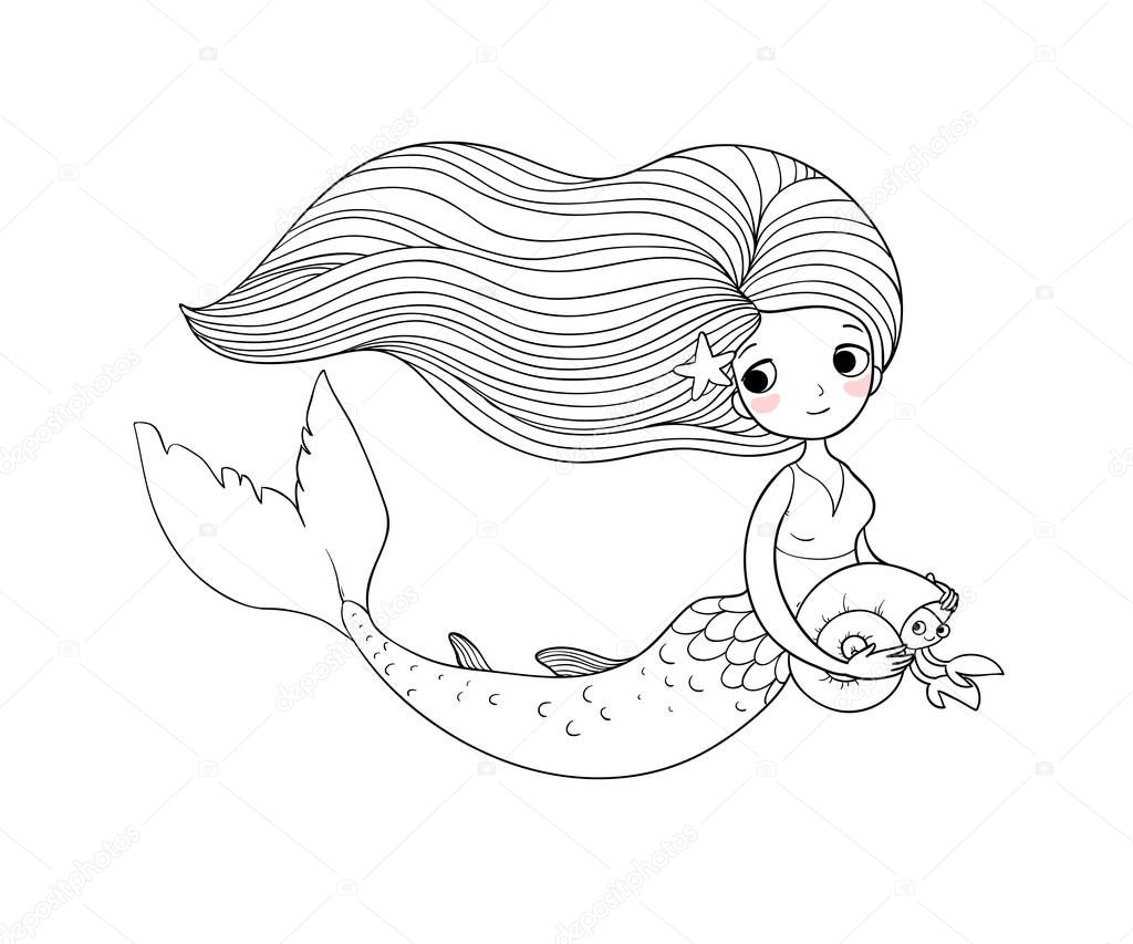 Cute cartoon little mermaid. Siren. Sea theme.