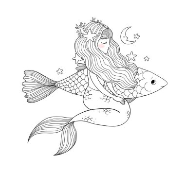 Tatlı çizgi film küçük denizkızı. Siren sesi. Deniz teması.