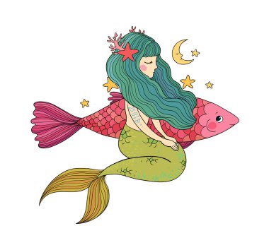 Tatlı çizgi film küçük denizkızı. Siren sesi. Deniz teması.