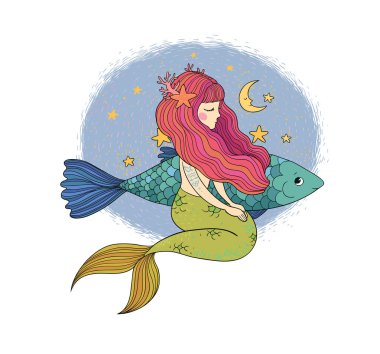 Tatlı çizgi film küçük denizkızı. Siren sesi. Deniz teması.