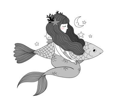 Tatlı çizgi film küçük denizkızı. Siren sesi. Deniz teması.