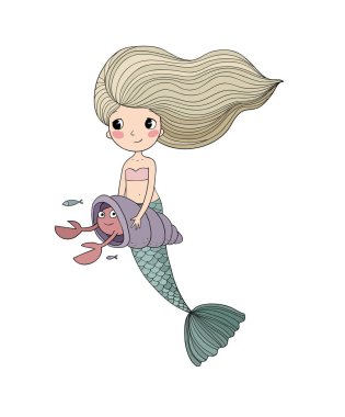 Tatlı çizgi film küçük denizkızı. Siren sesi. Deniz teması.