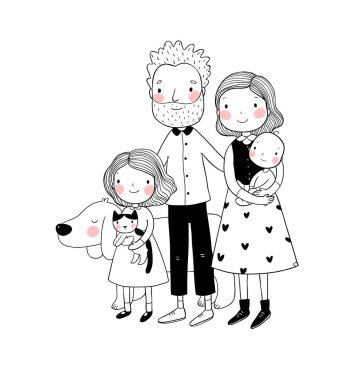 Mutlu bir aile. Anne ile çocuk. Sevimli çizgi baba, anne, kızı ve oğlu.