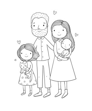 Mutlu bir aile. Anne ile çocuk. Sevimli çizgi baba, anne, kızı ve oğlu.