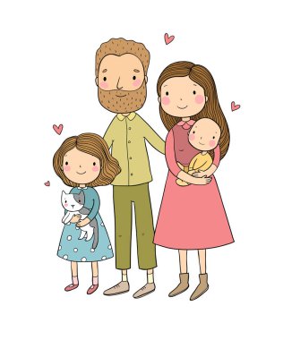 Mutlu bir aile. Anne ile çocuk. Sevimli çizgi baba, anne, kızı ve oğlu.