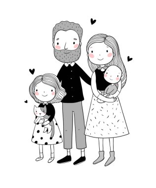 Mutlu bir aile. Anne ile çocuk. Sevimli çizgi baba, anne, kızı ve oğlu.