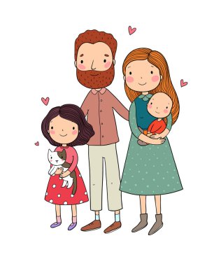 Mutlu bir aile. Anne ile çocuk. Sevimli çizgi baba, anne, kızı ve oğlu.