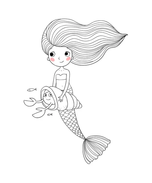 Linda caricatura sirenita. Sirena. Tema Mar . — Vector de stock