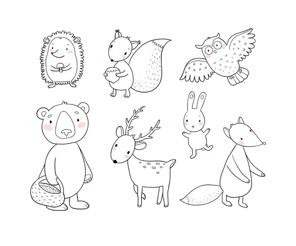 Лесовые звери. Набор с симпатичными карикатурными медведями, лисами, зайцами и скворцами, совами и оленями. Дизайн для детей - Вектор — стоковый вектор
