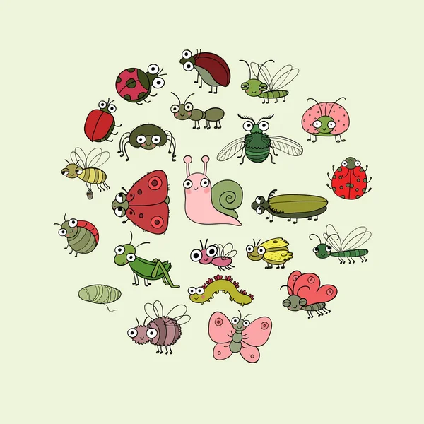 Insetos de desenhos animados bonitos. Borboletas engraçadas, besouros, moscas, mosquitos e caracol. Vetor —  Vetores de Stock