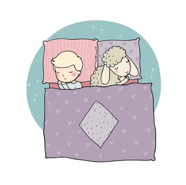 Alvó fiú és aranyos rajzfilm juh. jó éjszakát. alvási idő. Nyomtatás a pizsama . — Stock Vector