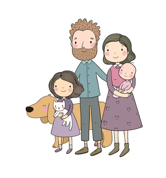 Μια ευτυχισμένη οικογένεια. Γονείς με τα παιδιά. Χαριτωμένο κινούμενα μπαμπάς, μαμά, κόρη και γιος. — Διανυσματικό Αρχείο