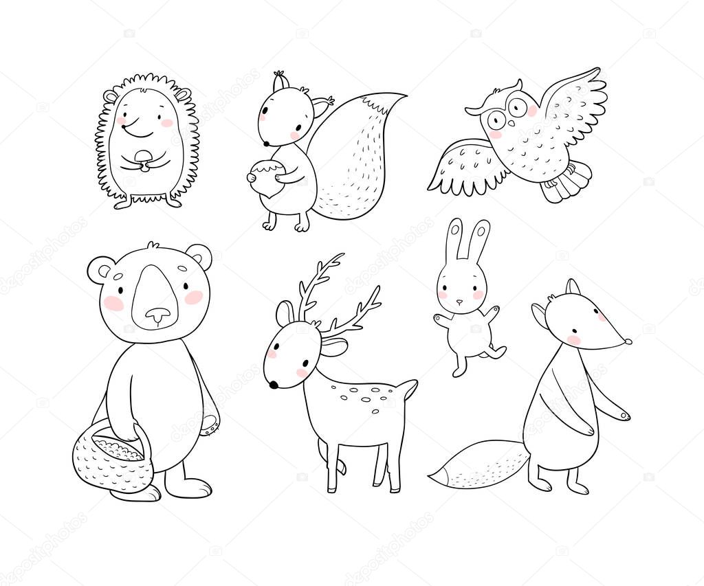 Animals of the forest. Set with cute cartoon bears, fox, hare and squirrel, owl and deer. Design for children - Vector
