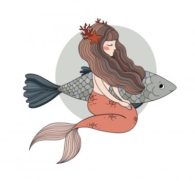 Tatlı çizgi film küçük denizkızı. Siren sesi. Deniz teması.