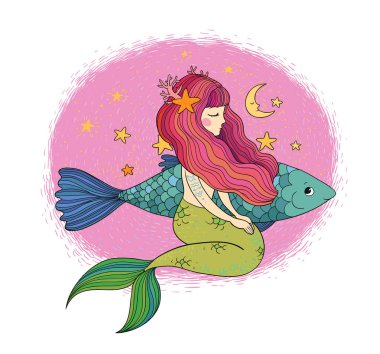 Tatlı çizgi film küçük denizkızı. Siren sesi. Deniz teması.